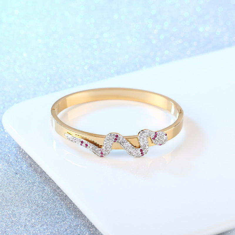 Gold Snake Bracelet for Women | Rhinestone Stainless Steel Cuff