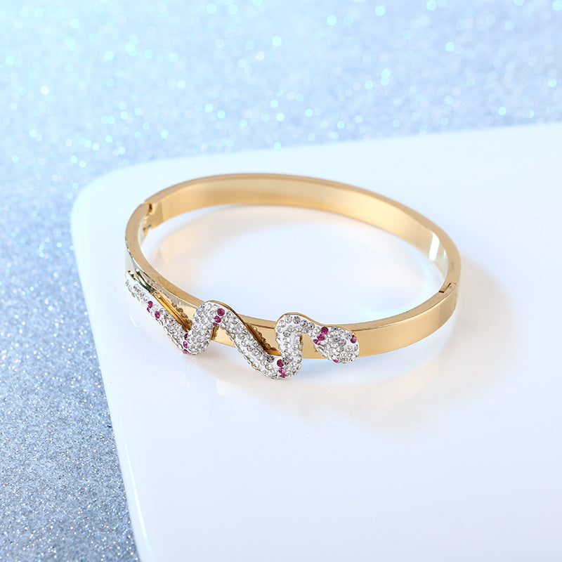 Gold Snake Bracelet for Women | Rhinestone Stainless Steel Cuff