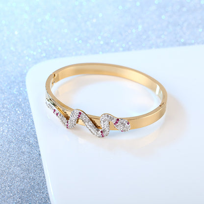 Gold Snake Bracelet for Women | Rhinestone Stainless Steel Cuff