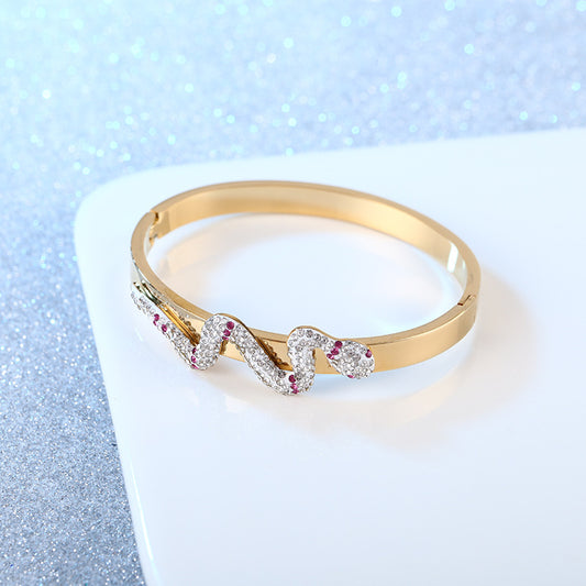 Gold Snake Bracelet for Women | Rhinestone Stainless Steel Cuff