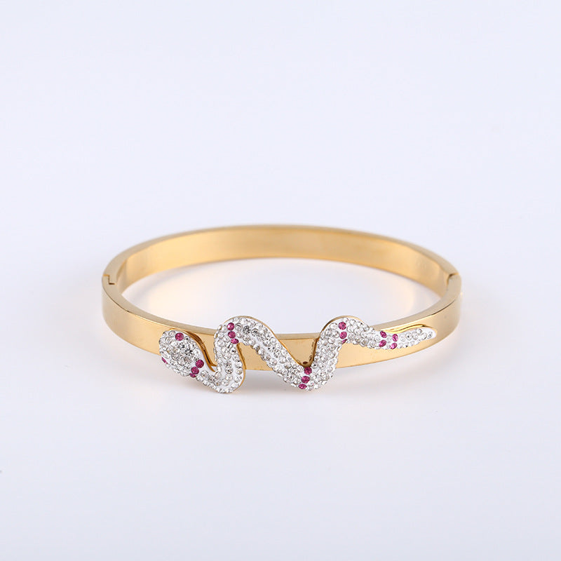 Gold Snake Bracelet for Women | Rhinestone Stainless Steel Cuff