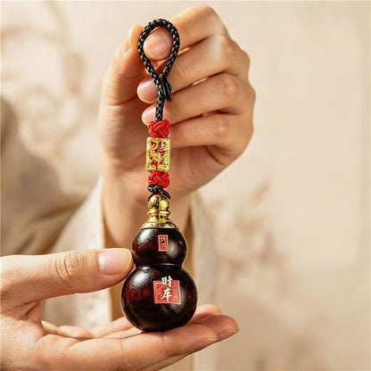 Hand-Carved Peach Wood Gourd Keychain with Black Braided Lanyard