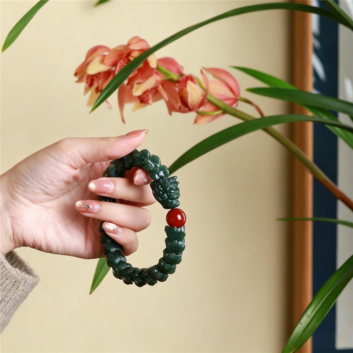 Bracelet dragon en jade de Hetian | Bijoux chinois en néphrite verte