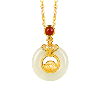 Chinese Zodiac Pendant Necklace | 925 Sterling Silver, Red Agate & Hetian Jade