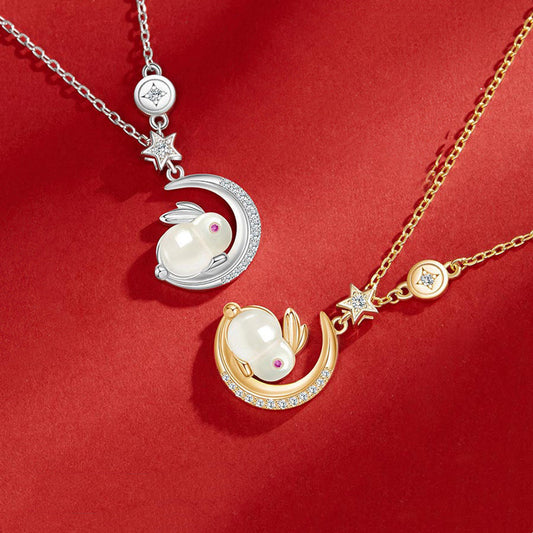 Jade Rabbit Necklace | 925 Sterling Silver & Hetian Jade Moon Pendant
