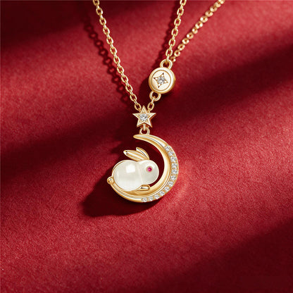 Jade Rabbit Necklace | 925 Sterling Silver & Hetian Jade Moon Pendant