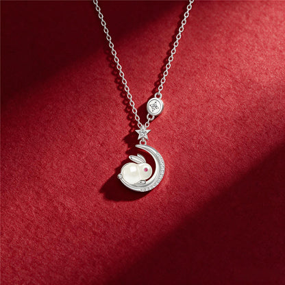 Jade Rabbit Necklace | 925 Sterling Silver & Hetian Jade Moon Pendant