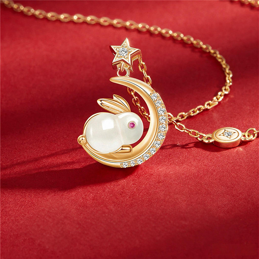 Jade Rabbit Necklace | 925 Sterling Silver & Hetian Jade Moon Pendant