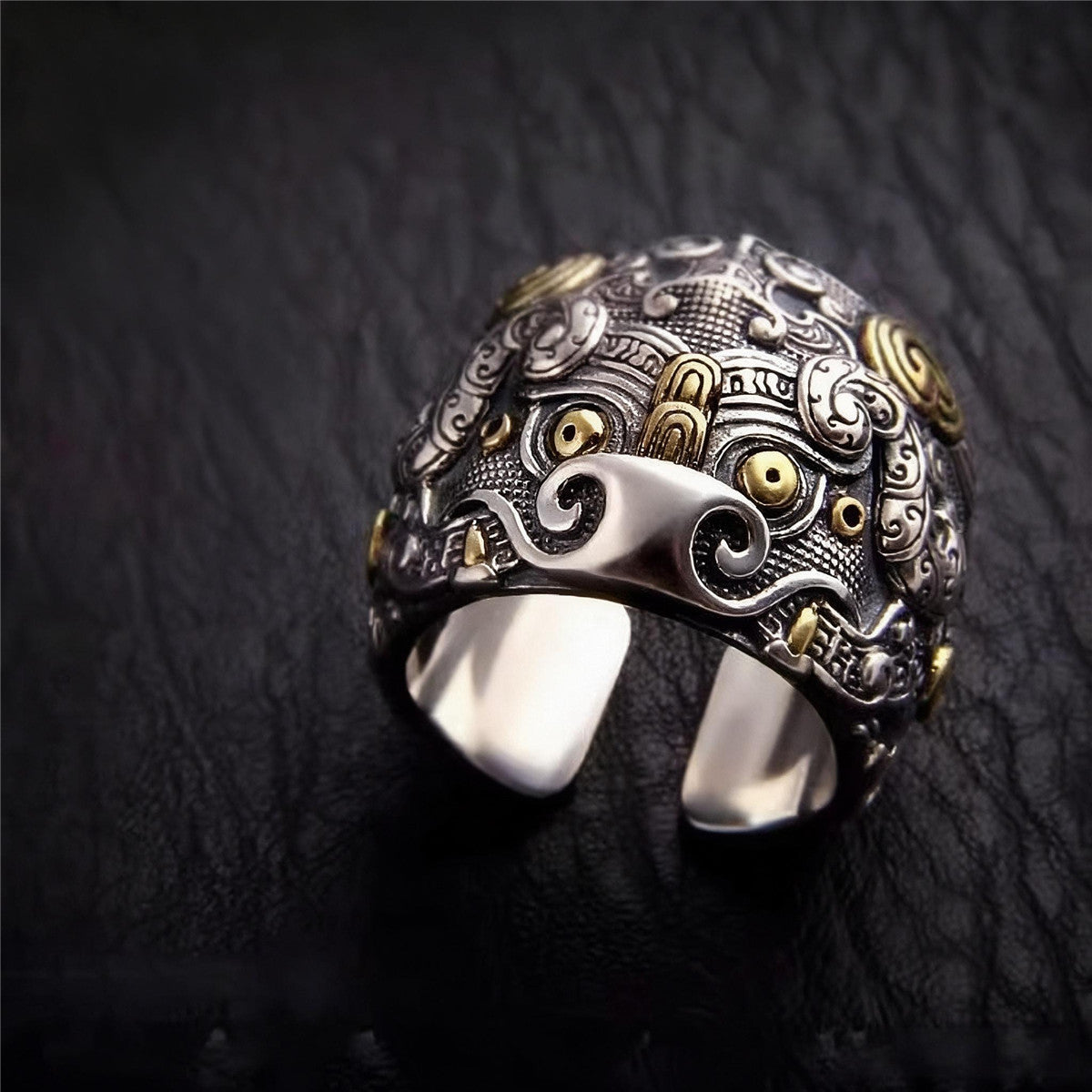 Anillo Kui Niu | Anillo Ajustable de Bestia de la Mitología China en Cobre Tono Plata