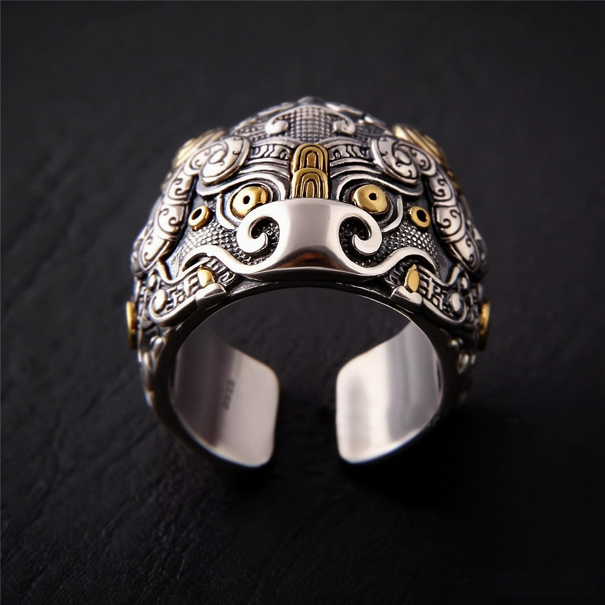 Anillo Kui Niu | Anillo Ajustable de Bestia de la Mitología China en Cobre Tono Plata