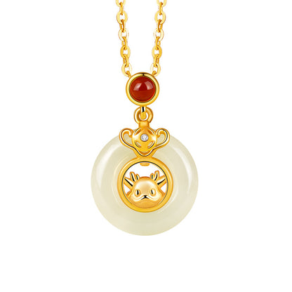 Chinese Zodiac Pendant Necklace | 925 Sterling Silver, Red Agate & Hetian Jade