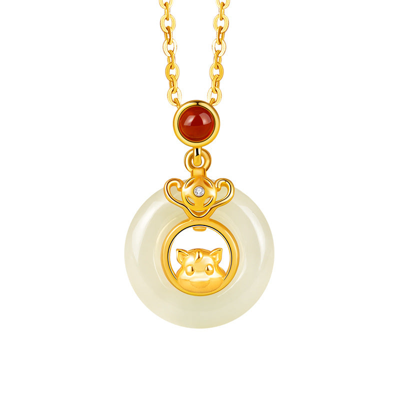 Chinese Zodiac Pendant Necklace | 925 Sterling Silver, Red Agate & Hetian Jade