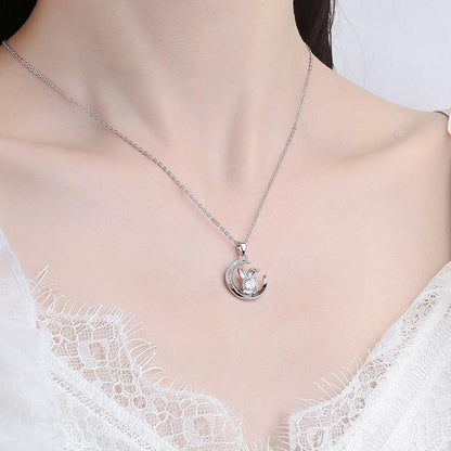 Moon Rabbit Necklace | 925 Sterling Silver CZ Pendant