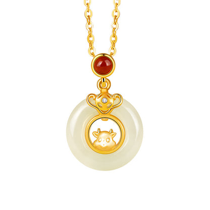 Chinese Zodiac Pendant Necklace | 925 Sterling Silver, Red Agate & Hetian Jade