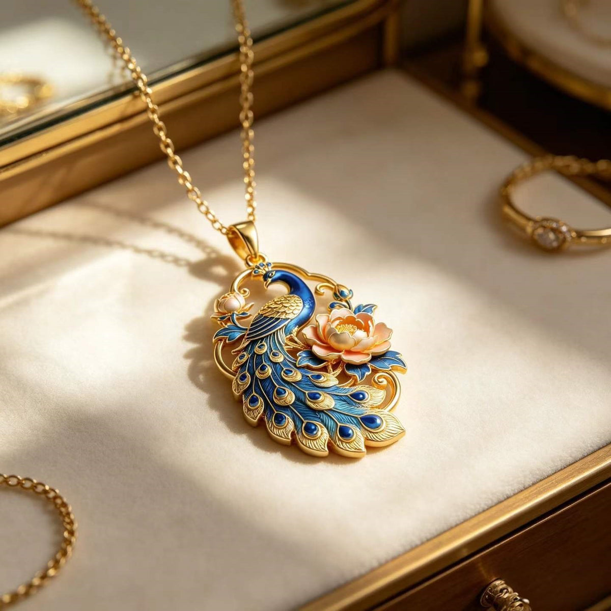 Peacock & Peony Pendant Necklace | Chinese Enamel Jewelry
