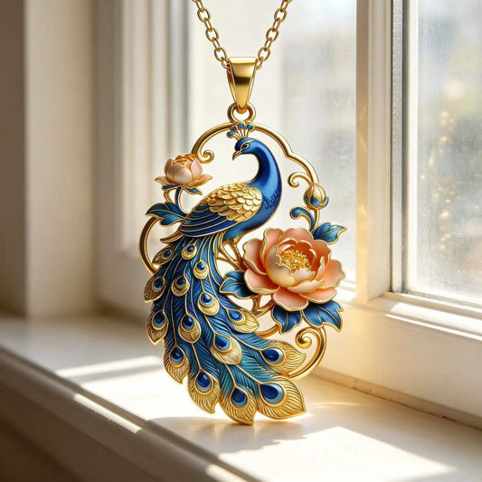 Peacock & Peony Pendant Necklace | Chinese Enamel Jewelry