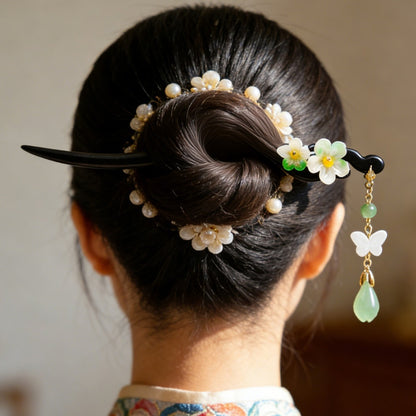 Peony Hair Stick with Tassel - Wooden Chinese Hairpin