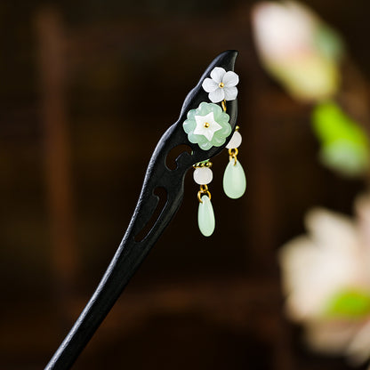 Peony Hair Stick with Tassel - Wooden Chinese Hairpin