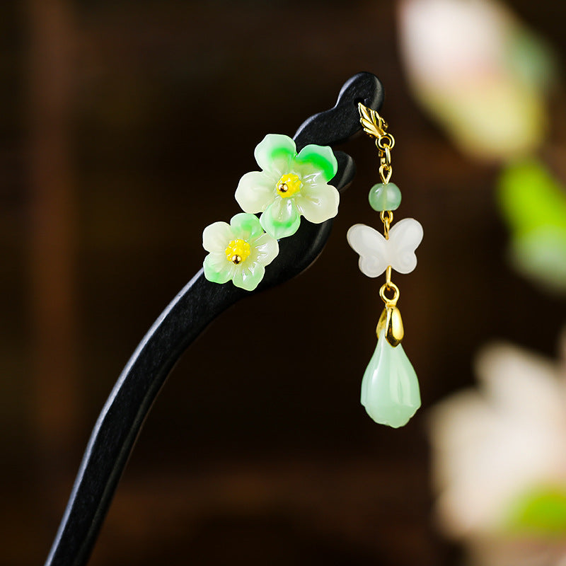Peony Hair Stick with Tassel - Wooden Chinese Hairpin