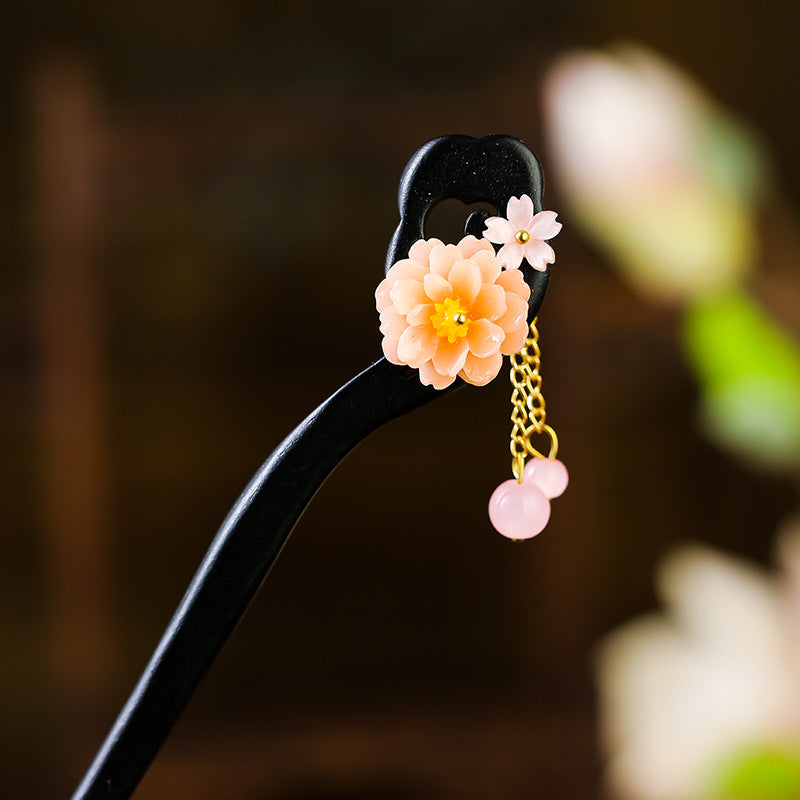 Peony Hair Stick with Tassel - Wooden Chinese Hairpin