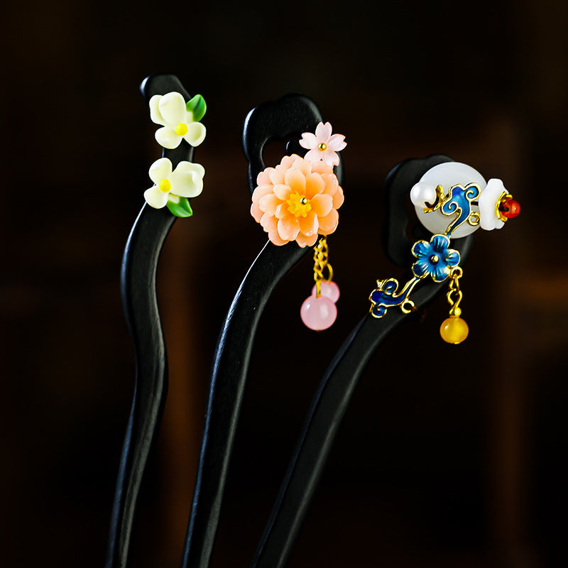 Peony Hair Stick with Tassel - Wooden Chinese Hairpin