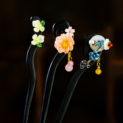 Peony Hair Stick with Tassel - Wooden Chinese Hairpin