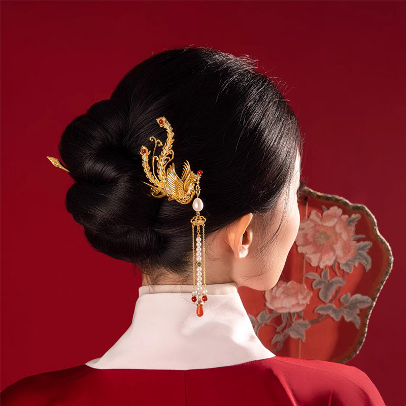 Bâtonnet de Cheveux Phénix avec Pompons, Épingle à Cheveux Chinoise Dorée
