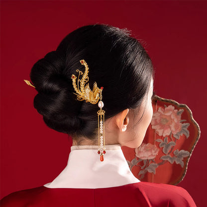 Bâtonnet de Cheveux Phénix avec Pompons, Épingle à Cheveux Chinoise Dorée