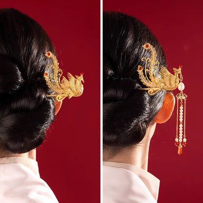 Bâtonnet de Cheveux Phénix avec Pompons, Épingle à Cheveux Chinoise Dorée