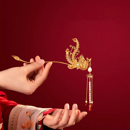 Bâtonnet de Cheveux Phénix avec Pompons, Épingle à Cheveux Chinoise Dorée