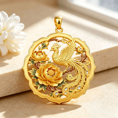 Chinese Phoenix & Peony Pendant Necklace | Enamel Jewelry