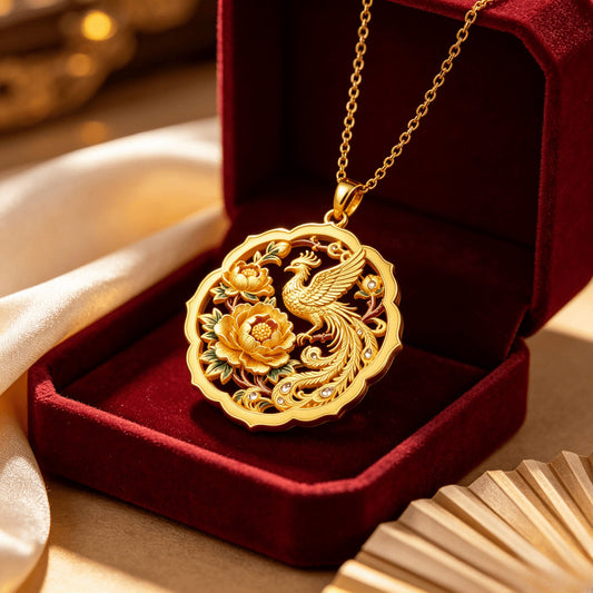 Chinese Phoenix & Peony Pendant Necklace | Enamel Jewelry