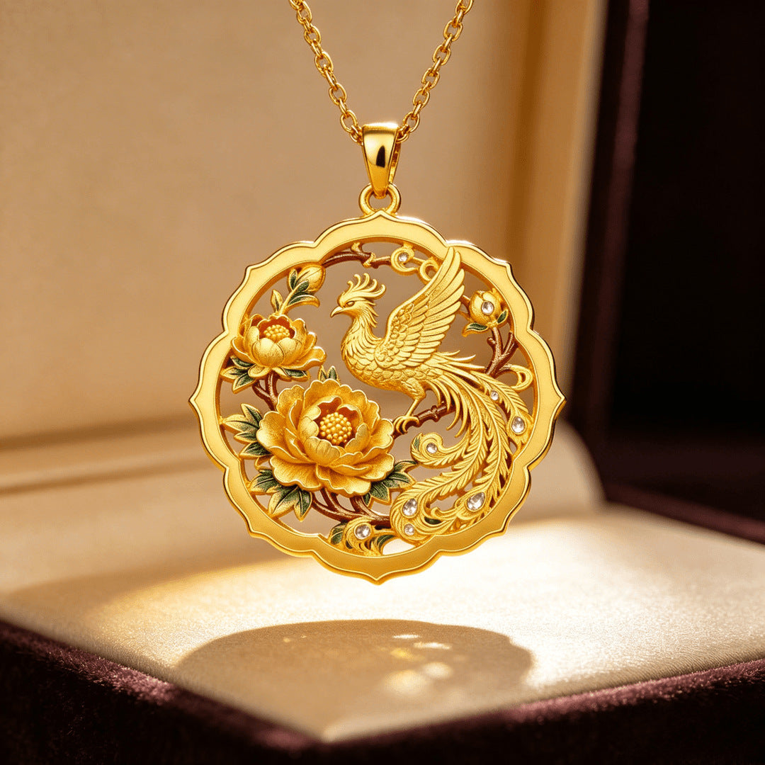 Chinese Phoenix & Peony Pendant Necklace | Enamel Jewelry