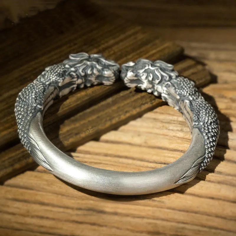 Wide Pixiu Bracelet | Silver-Tone Feng Shui Wealth Cuff