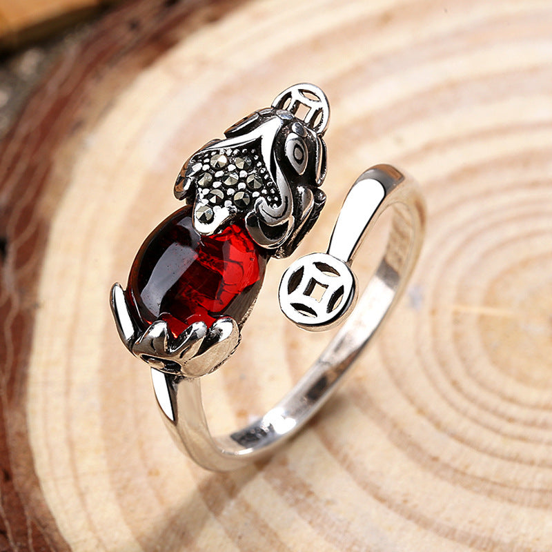 Pixiu Garnet Ring | Adjustable Chinese Prosperity Ring