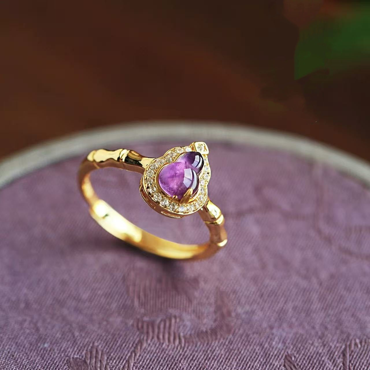Purple Gourd Ring for Women | Adjustable Gold-Plated Chinese Lucky Charm Ring