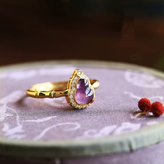 Purple Gourd Ring for Women | Adjustable Gold-Plated Chinese Lucky Charm Ring