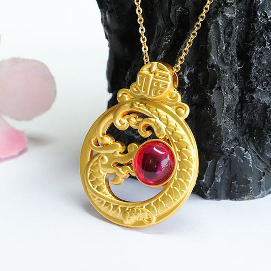 Ruby Zodiac Dragon Pendant | Chinese Fu Long Necklace