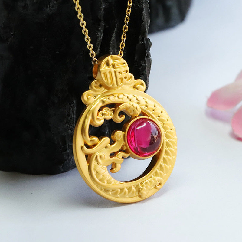 Ruby Zodiac Dragon Pendant | Chinese Fu Long Necklace