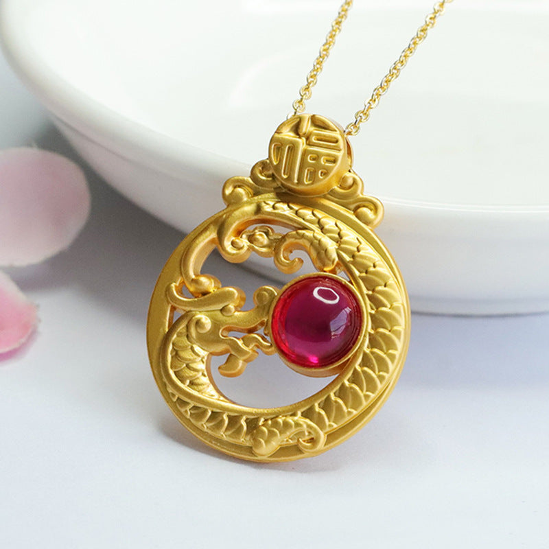 Ruby Zodiac Dragon Pendant | Chinese Fu Long Necklace