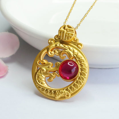 Ruby Zodiac Dragon Pendant | Chinese Fu Long Necklace