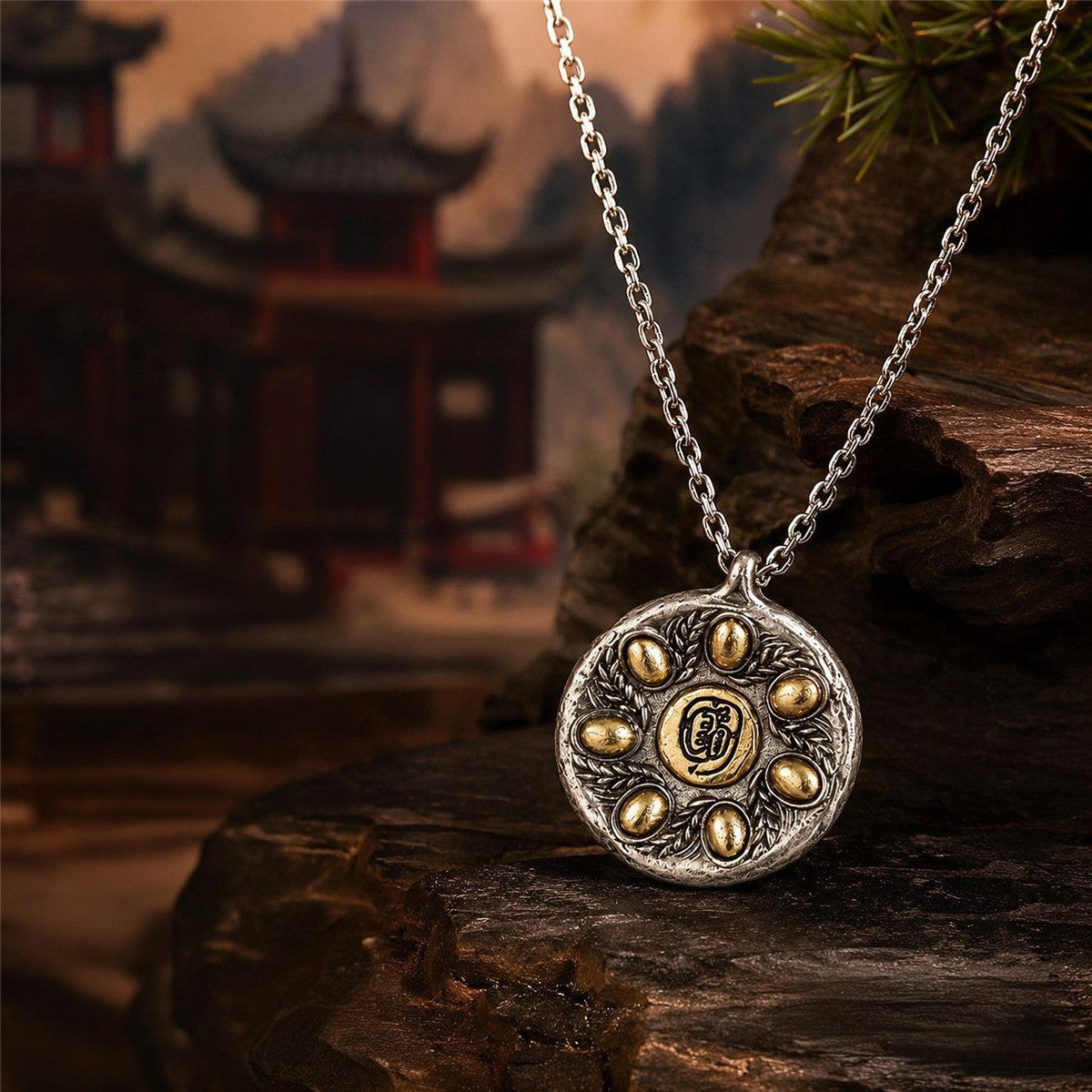 Collier pendentif aux sept grains de riz | Amulette porte-bonheur taoïste
