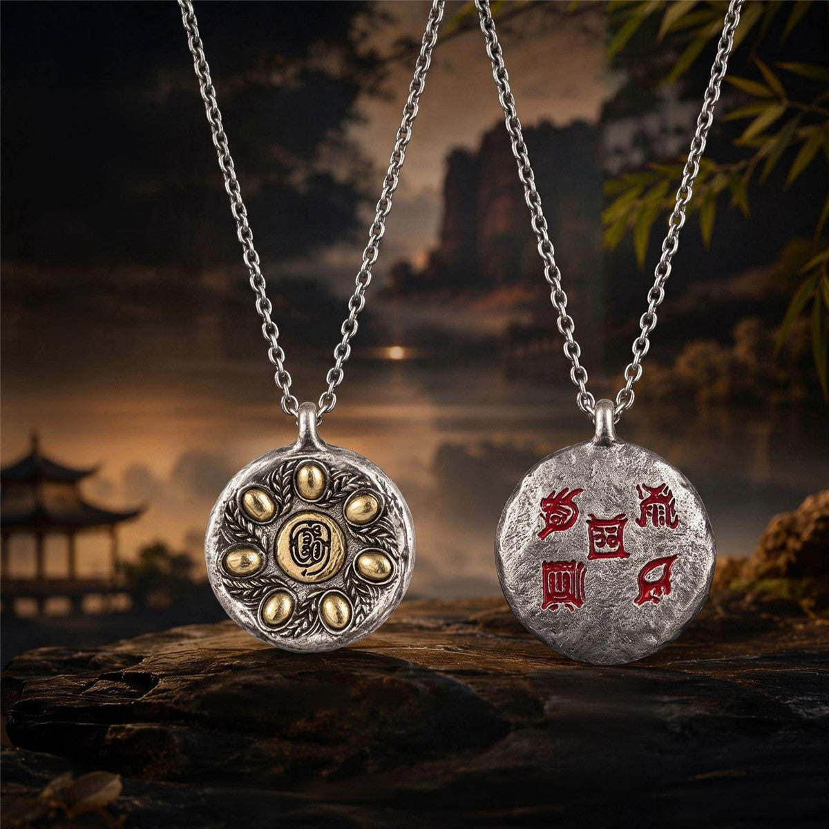 Collier pendentif aux sept grains de riz | Amulette porte-bonheur taoïste