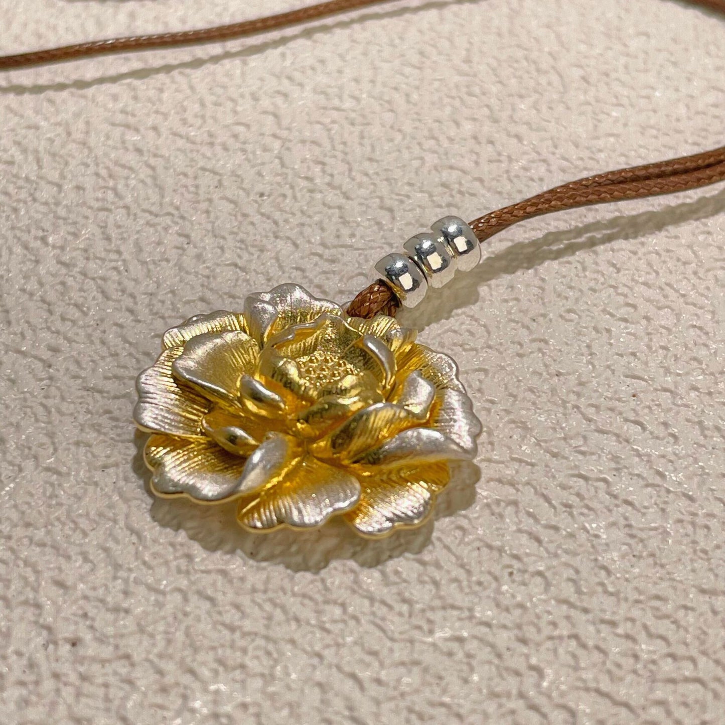 S990 Silver Peony Pendant Necklace | Gold Vermeil Chinese Jewelry