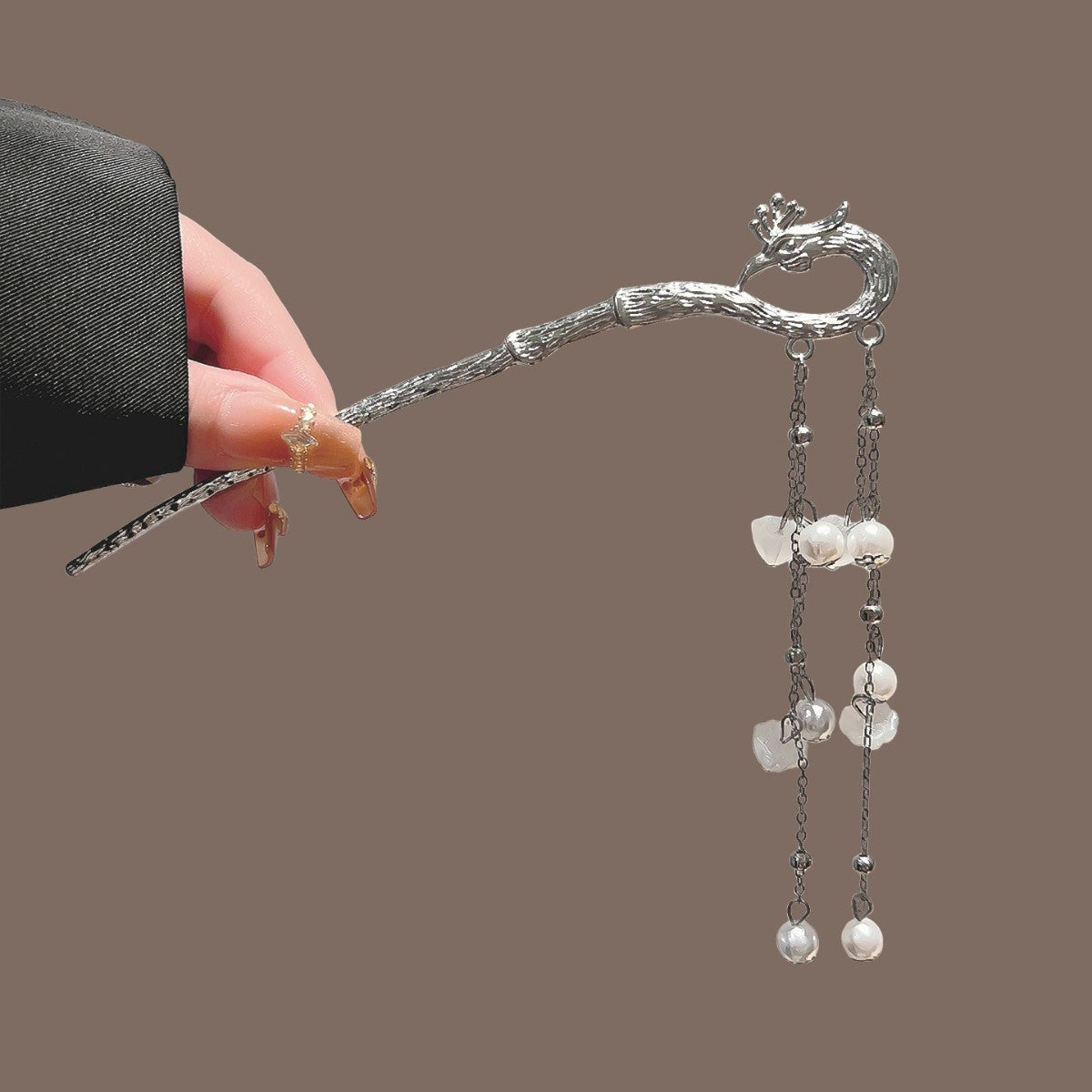 Silver Phoenix Hair Stick with Floral Tassels