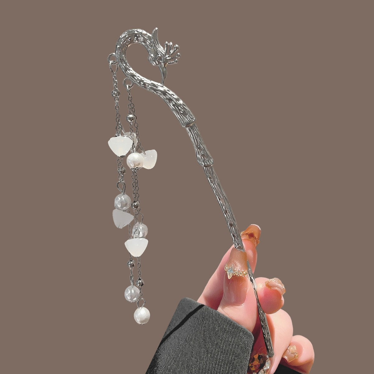 Silver Phoenix Hair Stick with Floral Tassels