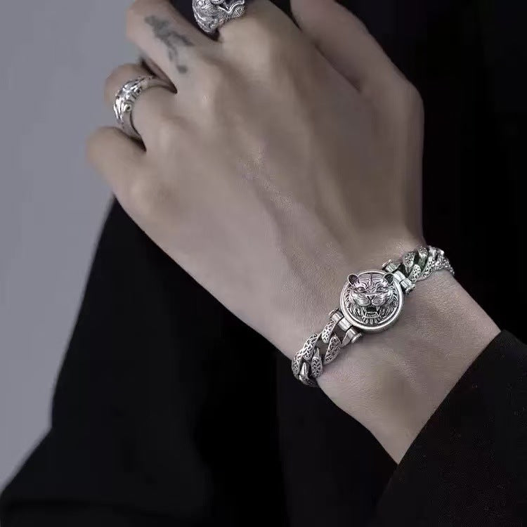 Silver-Plated Tiger Head Bracelet | Chinese Tiger Cuff