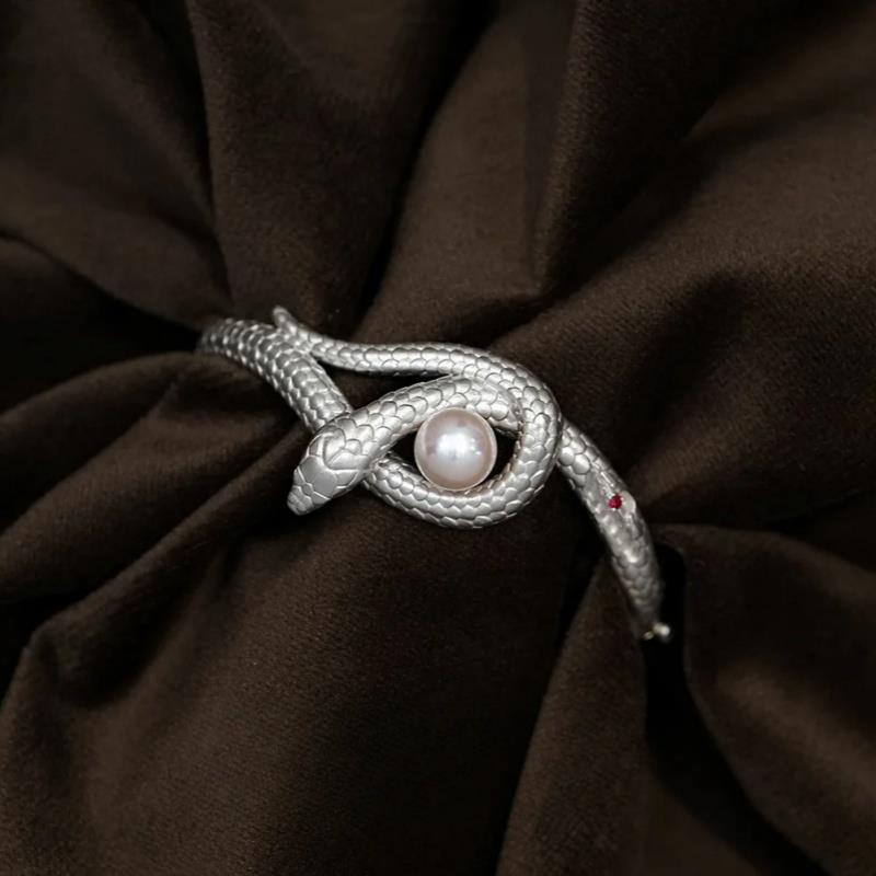 Silver Snake Cuff Bracelet with Pearl