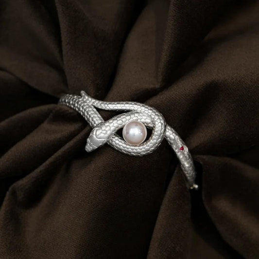 Silver Snake Cuff Bracelet with Pearl