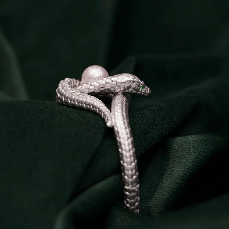 Silver Snake Cuff Bracelet with Pearl